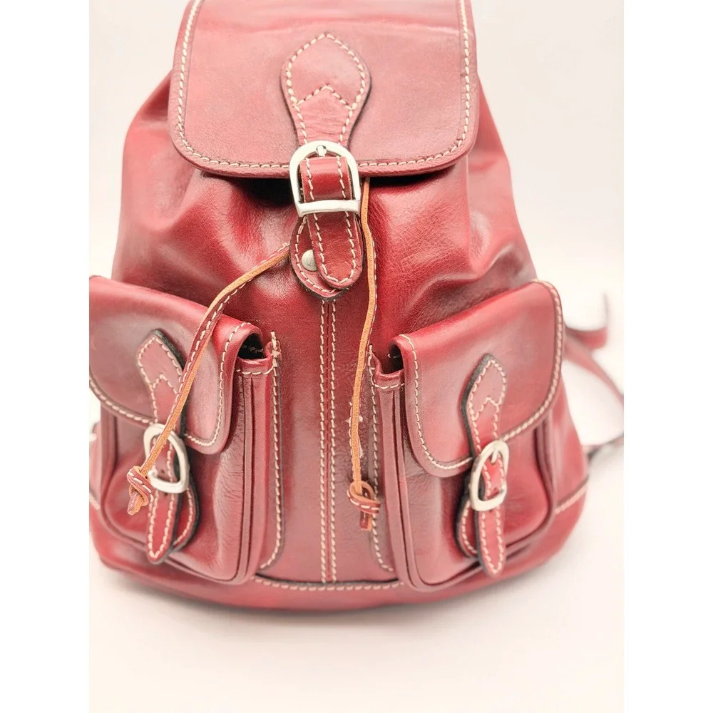 Vintage Red Leather Rucksack Backpack Contrast Stitch Buckle Drawstring Medium